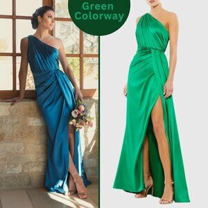Mac Duggal 26654 Size 6 Green Gathered One Shoulder Satin Long Gown Maxi Dress